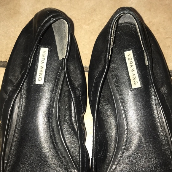 Vera Wang Black Leather Peep Toe Jeweled Flats - Picture 2 of 4